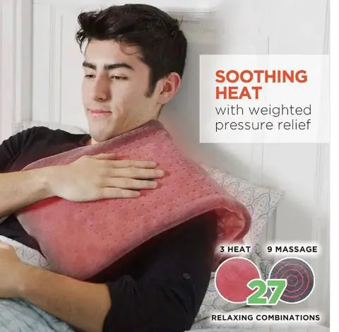 Electric heating pad on shoulder, textured fabric with soothing heat message