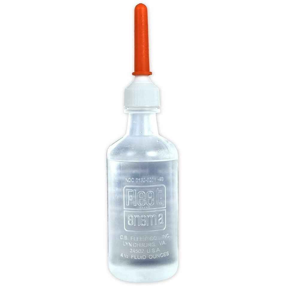 4.5 fl oz saline enema bottle with clear body, white cap, and orange tip
