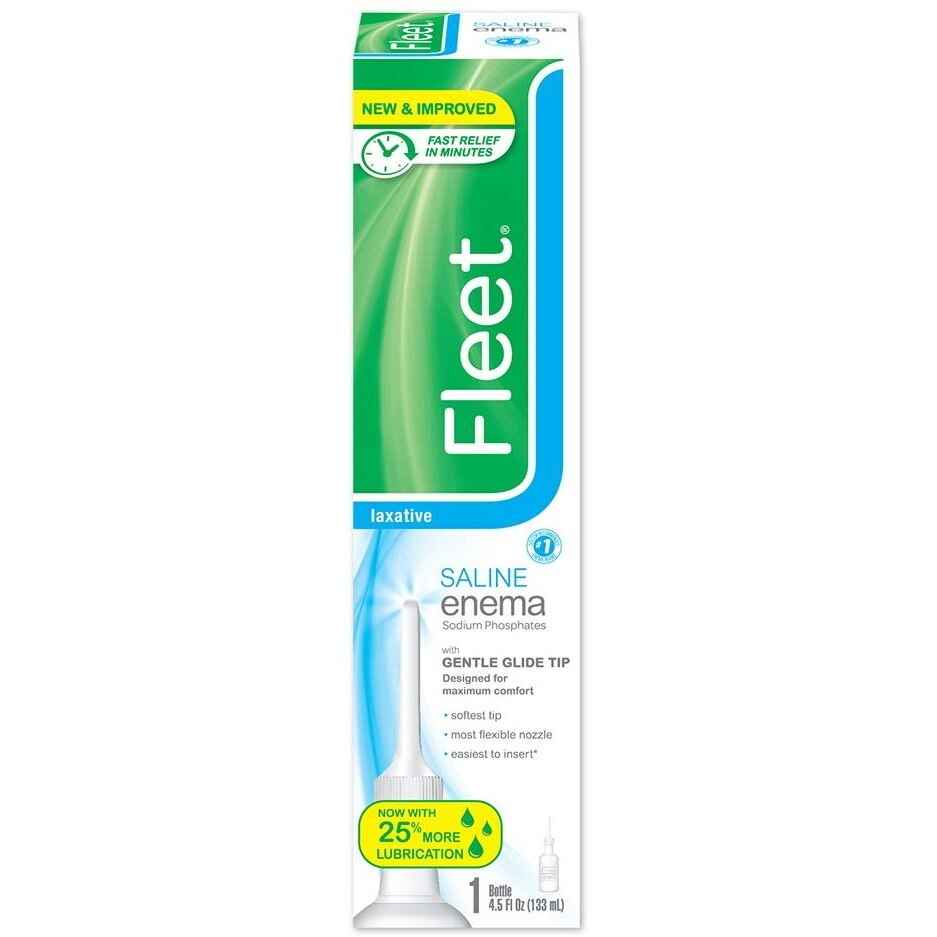Saline enema 4.5 fl oz bottle and box, green and blue packaging