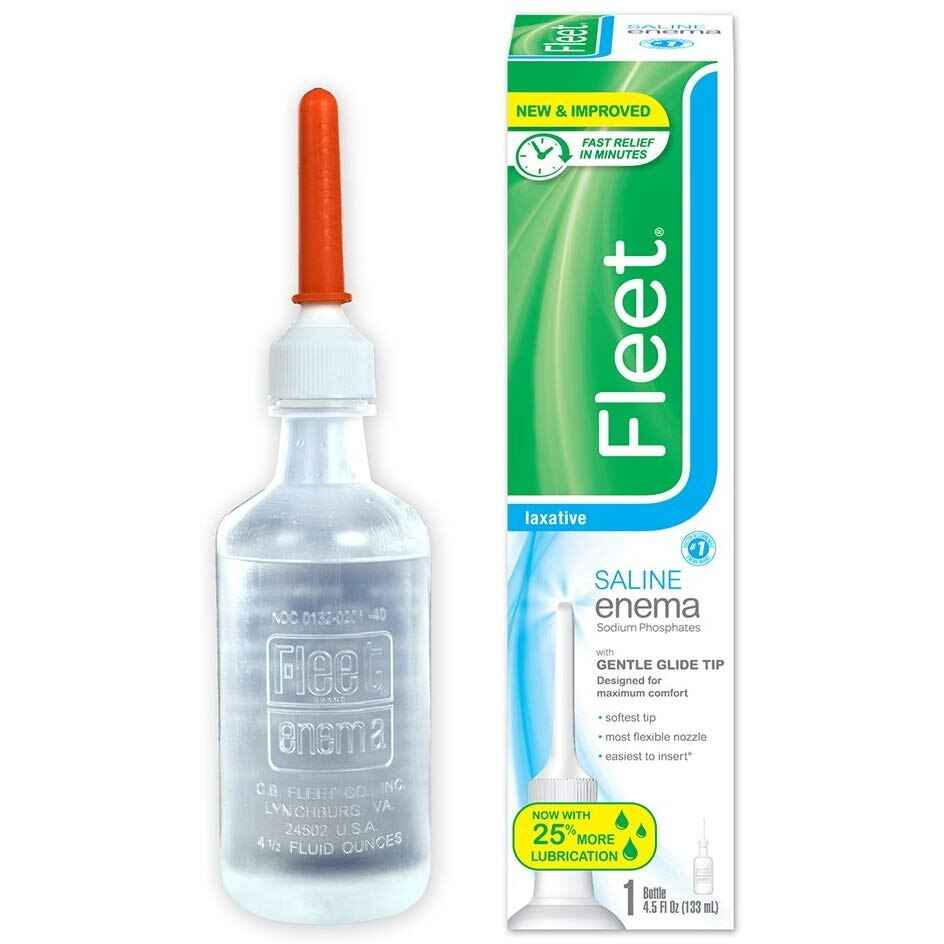 Saline enema bottle with orange nozzle next to box, 4.5 fl oz