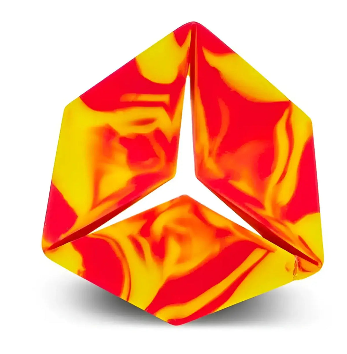 Flexygon fidget toy with a red and yellow marbled pattern
