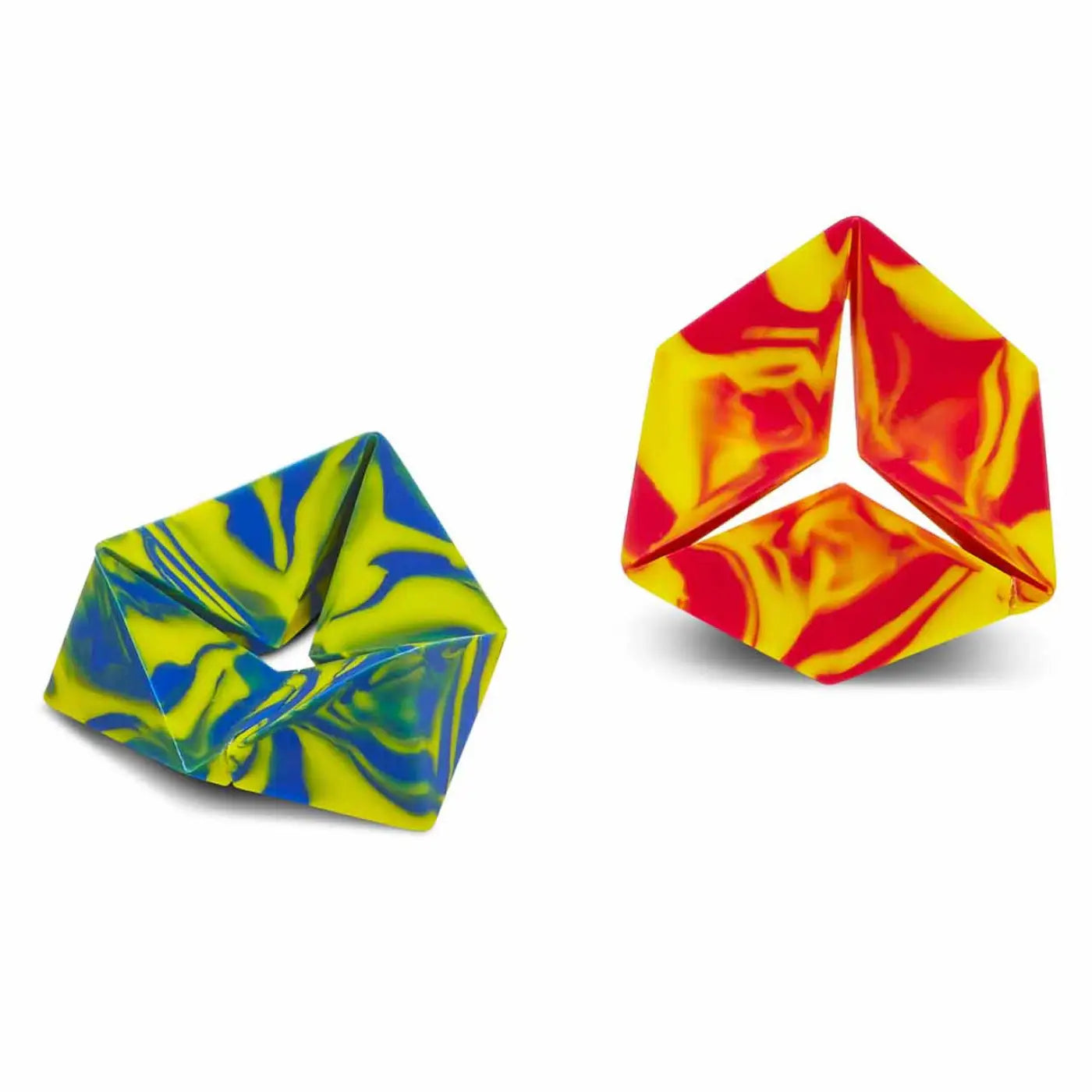 Two Flexygon fidget toys with blue yellow and red yellow marbled patterns