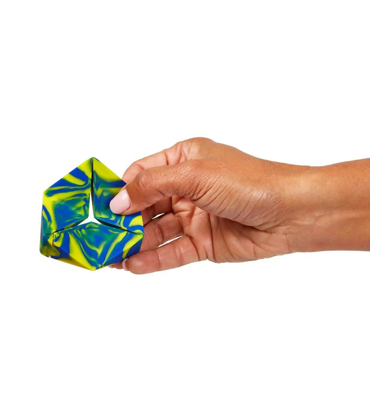 Hand holding a blue and yellow marbled Flexygon fidget toy