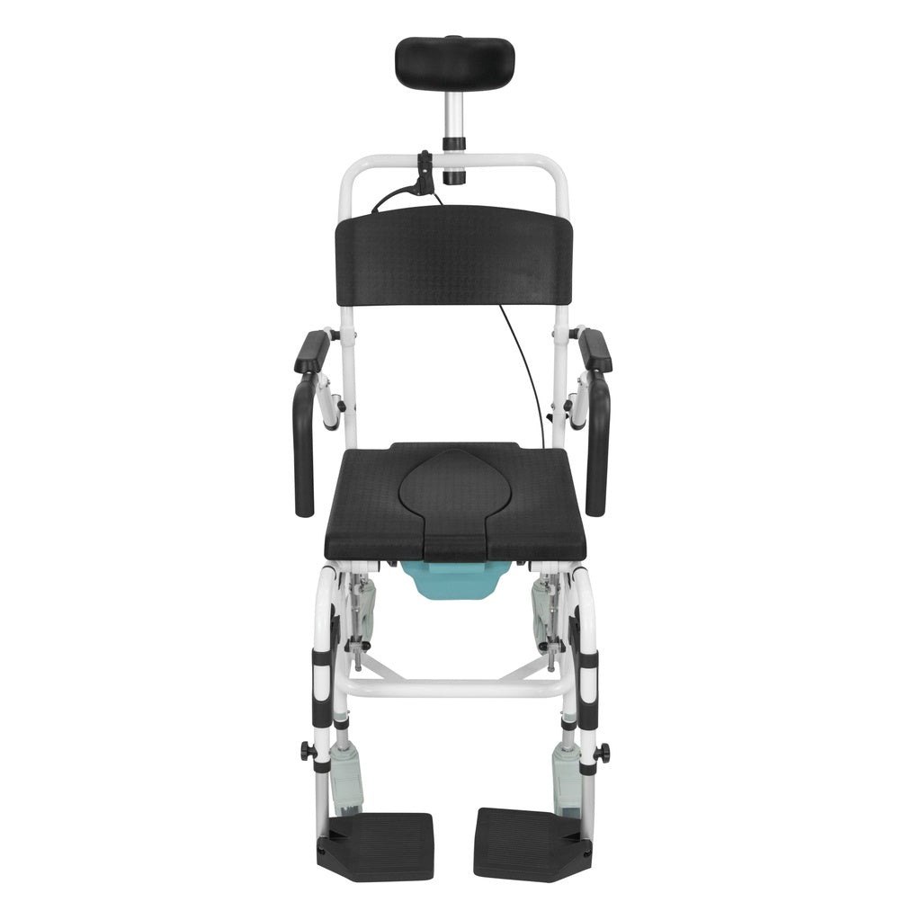 Rolling shower commode chair with black seat, black backrest, and flip-up armrests