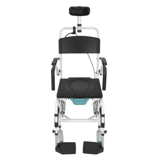 Rolling shower commode chair with black seat, black backrest, and flip-up armrests