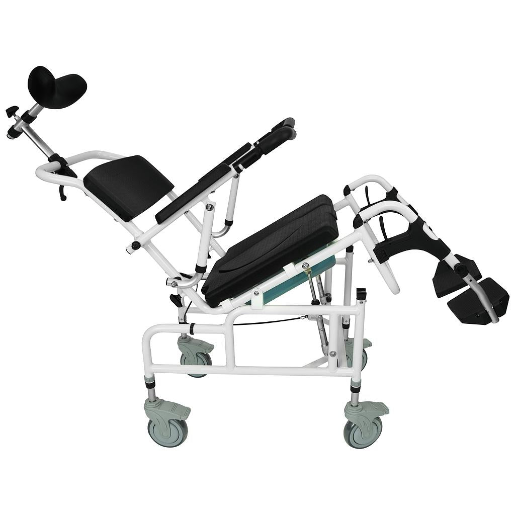 Rolling shower commode chair, flip-up armrests and padded leg supports, black seat