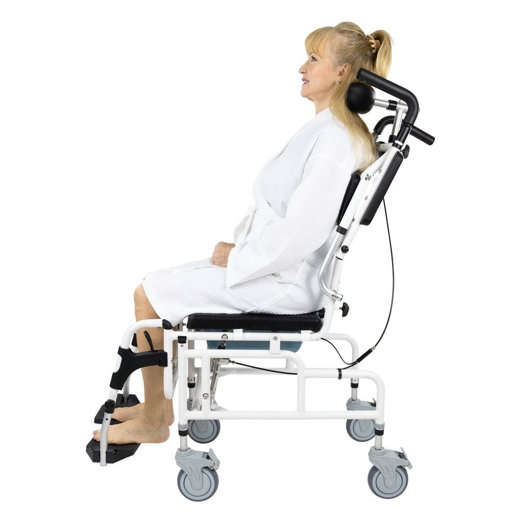 Rolling shower commode chair with large headrest, flip-up arms, black seat and back