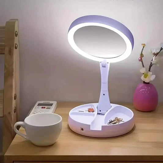 White LED vanity mirror with ring light and round base storage tray