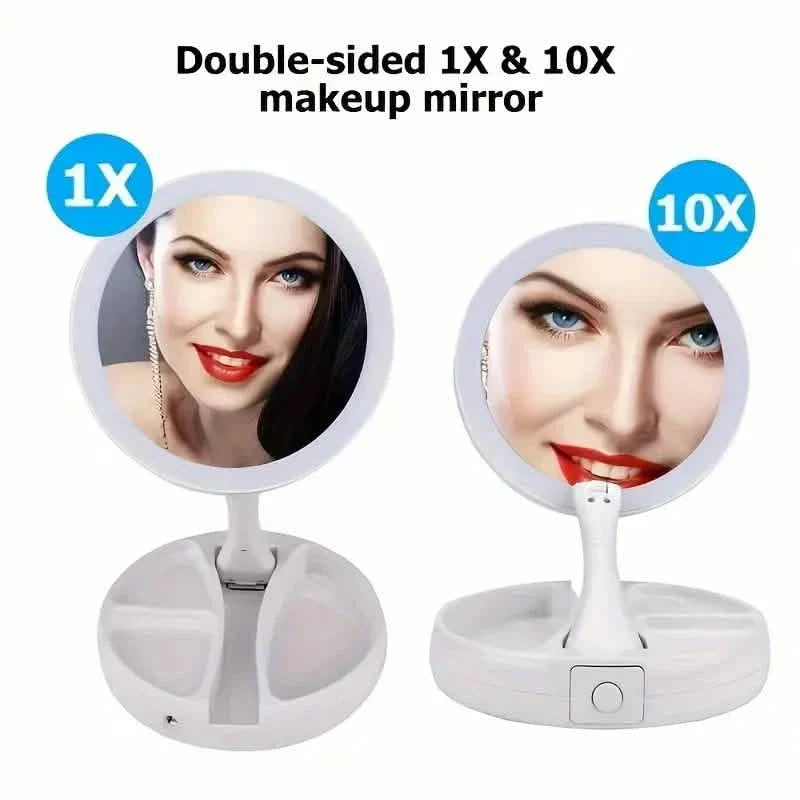 White double-sided LED makeup mirror with circular 1x and 10x viewing sides