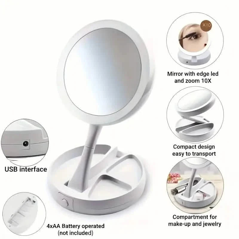 White foldable LED vanity mirror with round heads and storage-compartment base