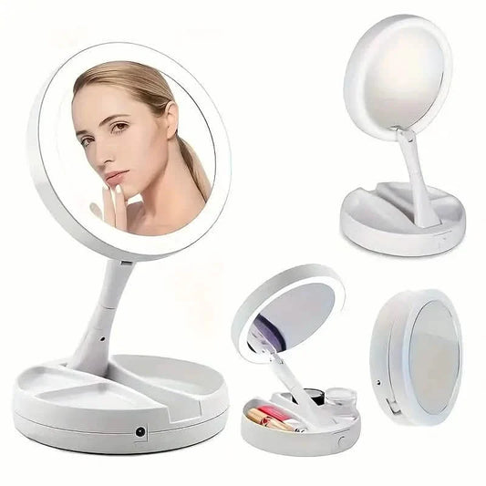 White double-sided LED vanity mirror on stand with storage tray and tilt head
