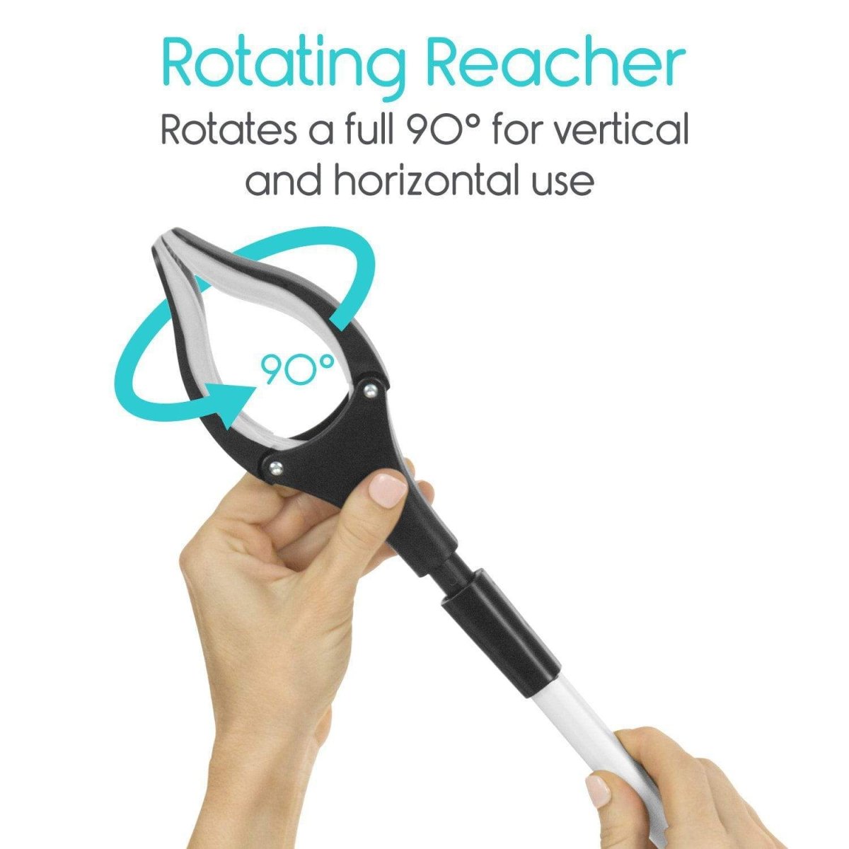 Rotating reacher grabber tool with 90° rotating claw for vertical and horizontal use