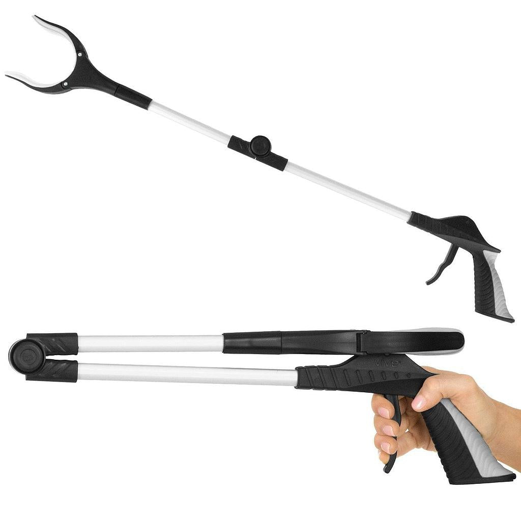 Foldable reacher grabber tool with black-and-white telescoping shaft and gripper jaws