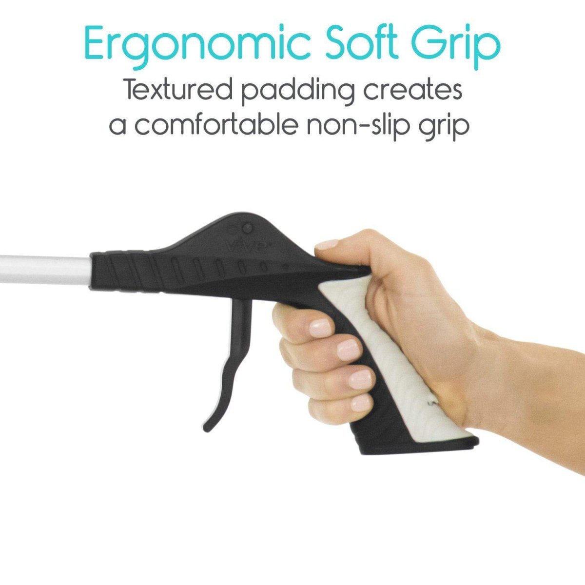 Reacher grabber tool with textured non-slip handle grip and user hand holding the handle