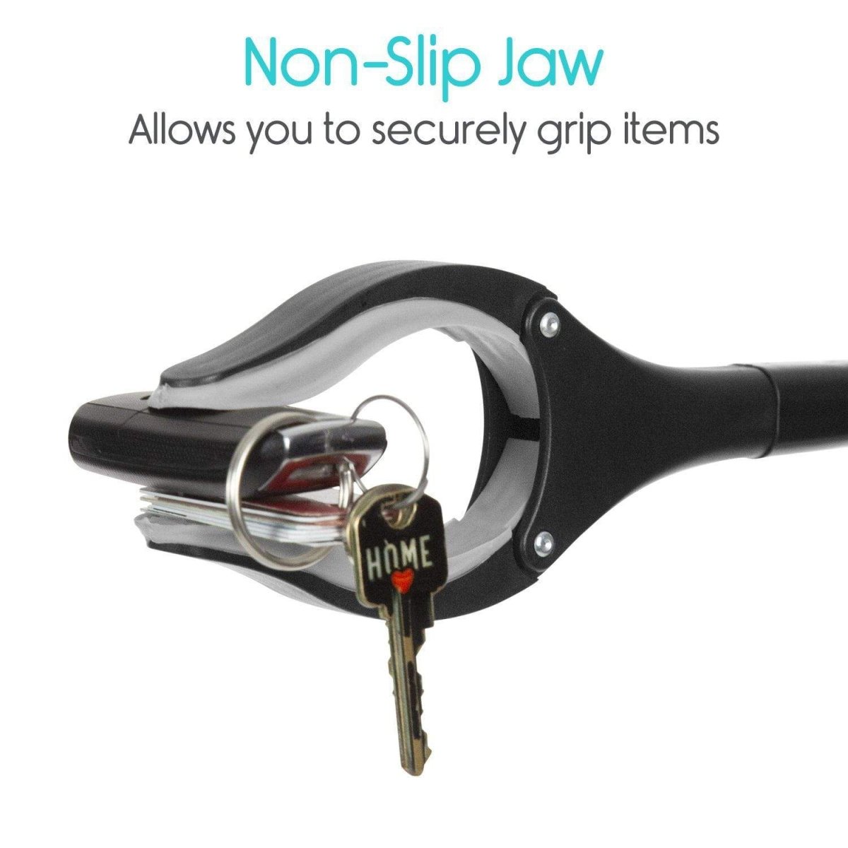 Non-slip jaw reacher grabber tool head gripping with textured jaw pads
