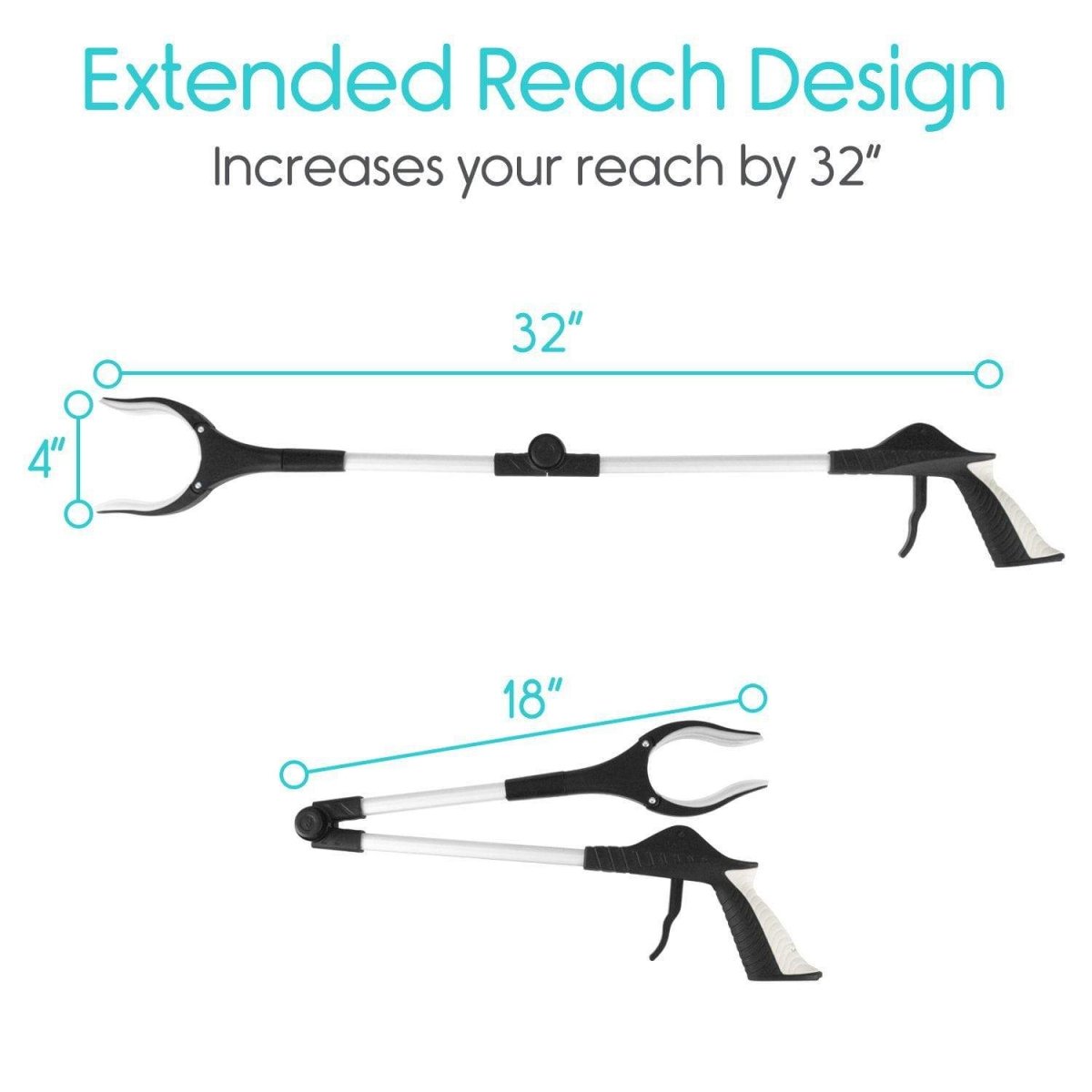 Extended reacher grabber tool showing long reach with 2-prong gripper at end