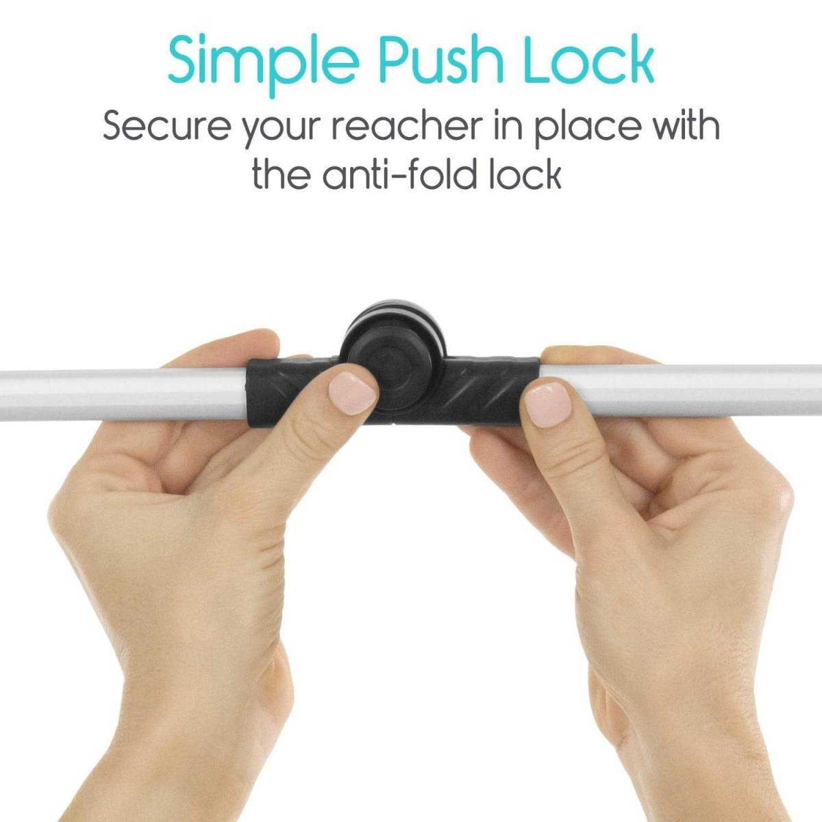 Reacher grabber tool anti-fold push lock securing the telescoping shaft in place