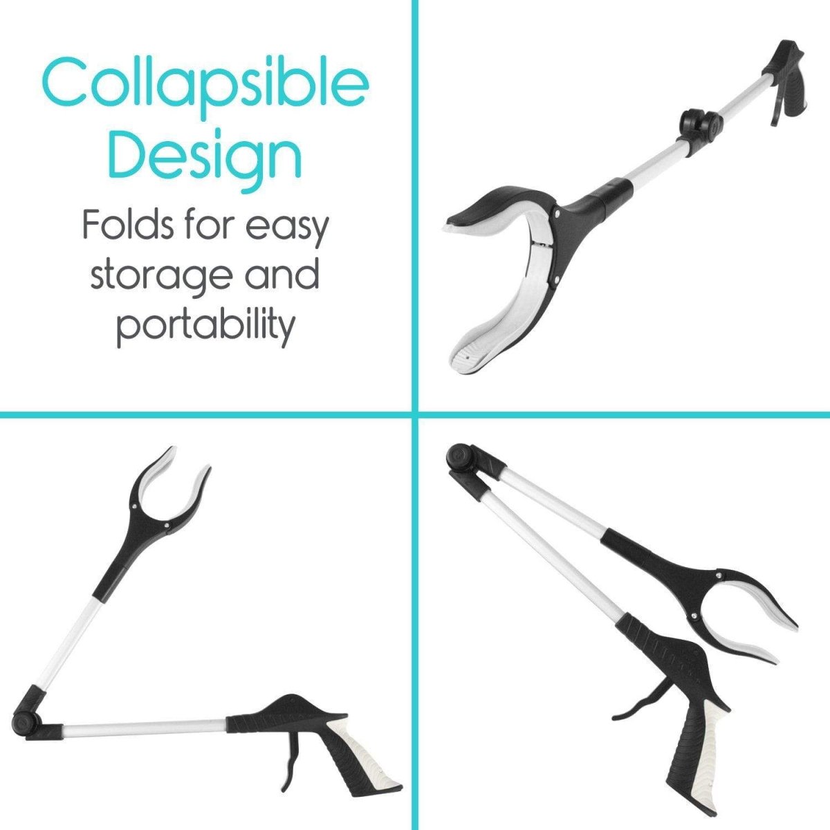 Collapsible reacher grabber tool folded for compact storage; black grip and clamp jaws