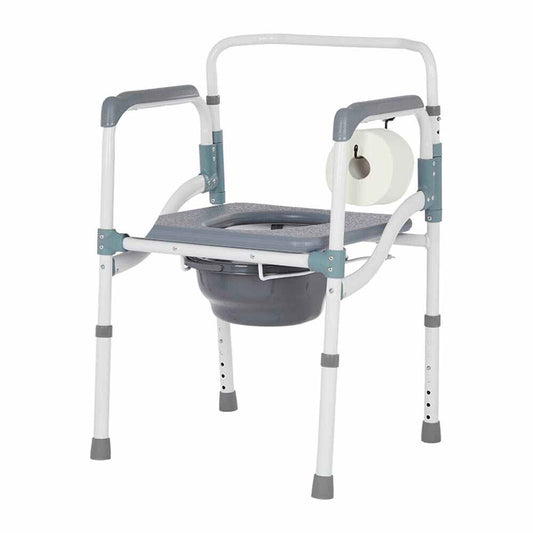 Folding aluminum commode chair with padded seat and removable toilet pan, armrests