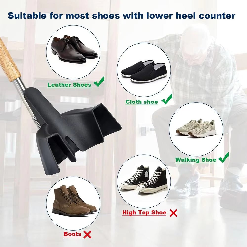 Black shoehorn funnel attachment on long metal handle for lower-heel shoes