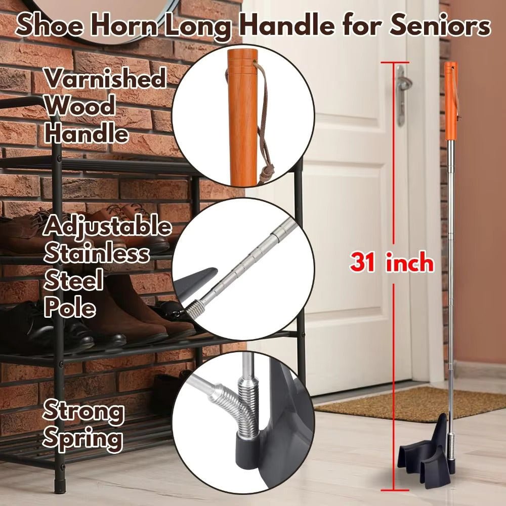 Shoehorn with varnished wood orange handle and adjustable stainless steel pole