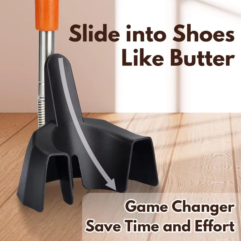 Orange-handled shoehorn with black funnel frame for sliding shoes onto feet