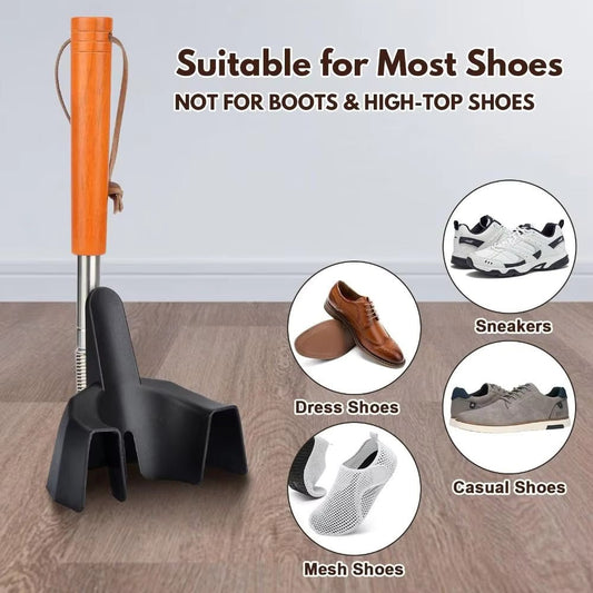 Black shoe funnel shoehorn with orange handle and spring base stand for footwear