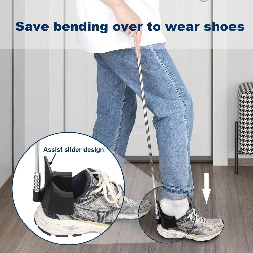Long metal-rod shoehorn with black funnel tip, helping slide a sneaker on