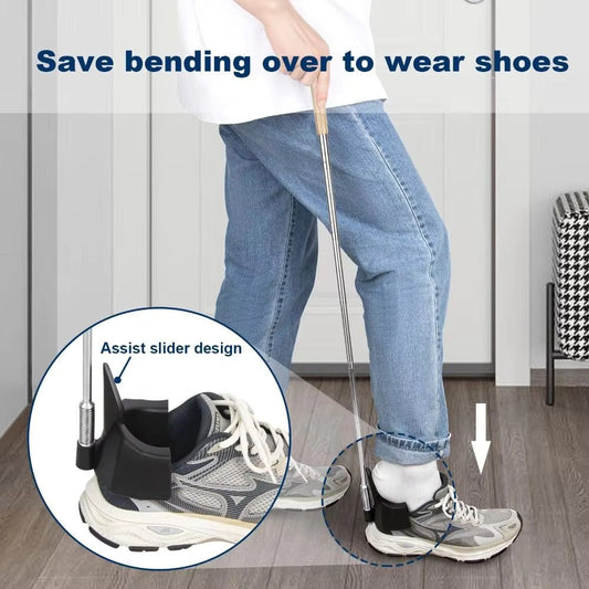 Long metal-rod shoehorn with black funnel tip, helping slide a sneaker on