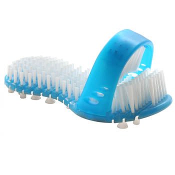Side view of blue foot scrubber with white bristles and curved handle