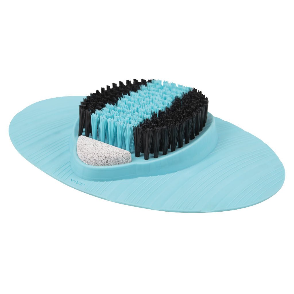 Foot scrubber with blue disk and black/teal bristle brush head