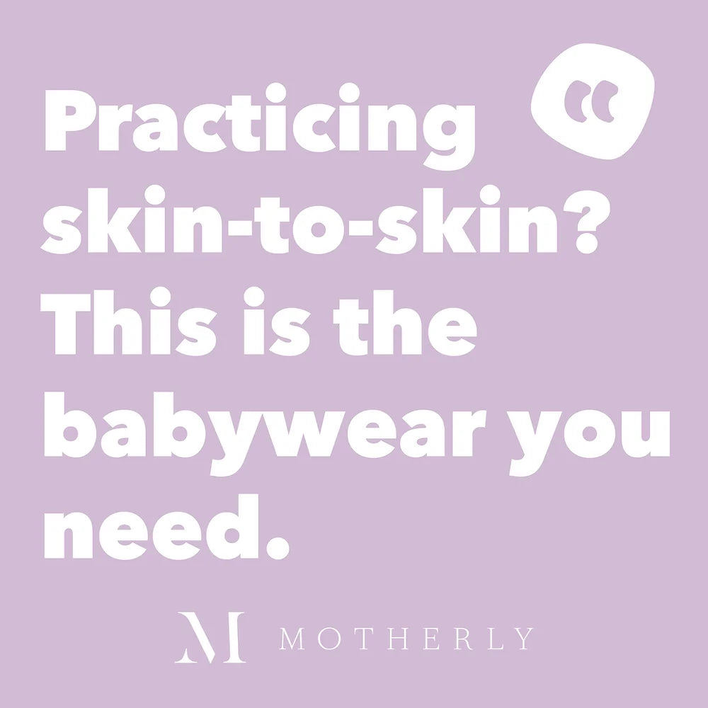 Text on a purple background with 'Motherly' branding about skin-to-skin care.