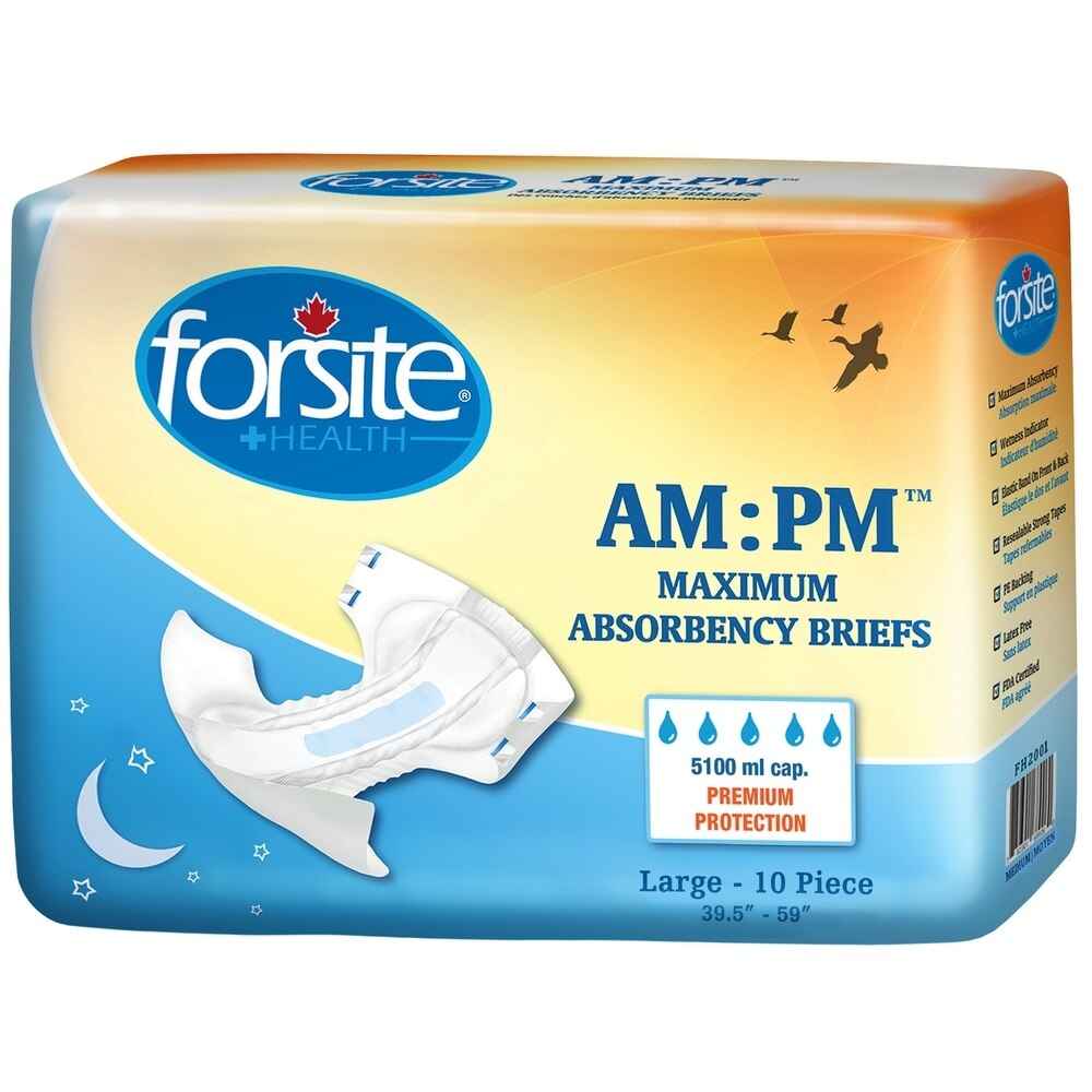 Large AM:PM adult briefs with plastic backing, 10-pack, white with blue tabs