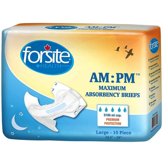 Large AM:PM adult briefs with plastic backing, 10-pack, white with blue tabs