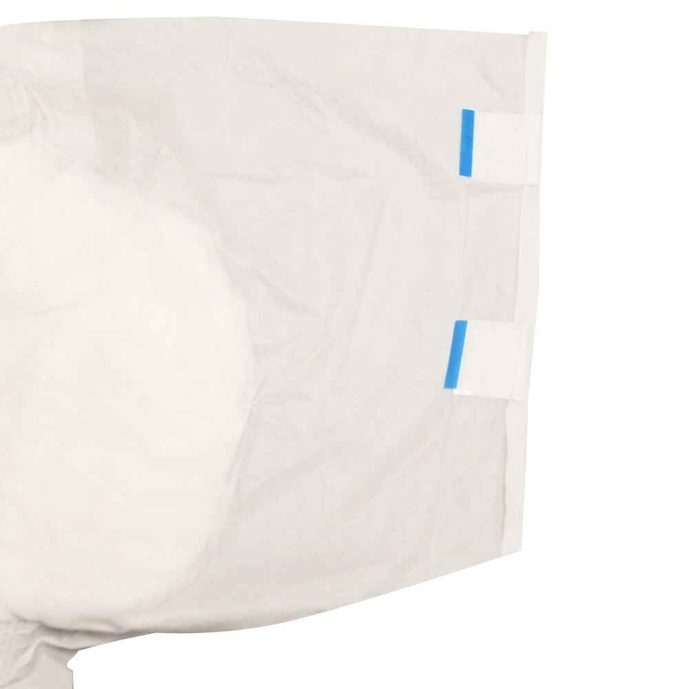 White adult brief backside with blue fastening tabs