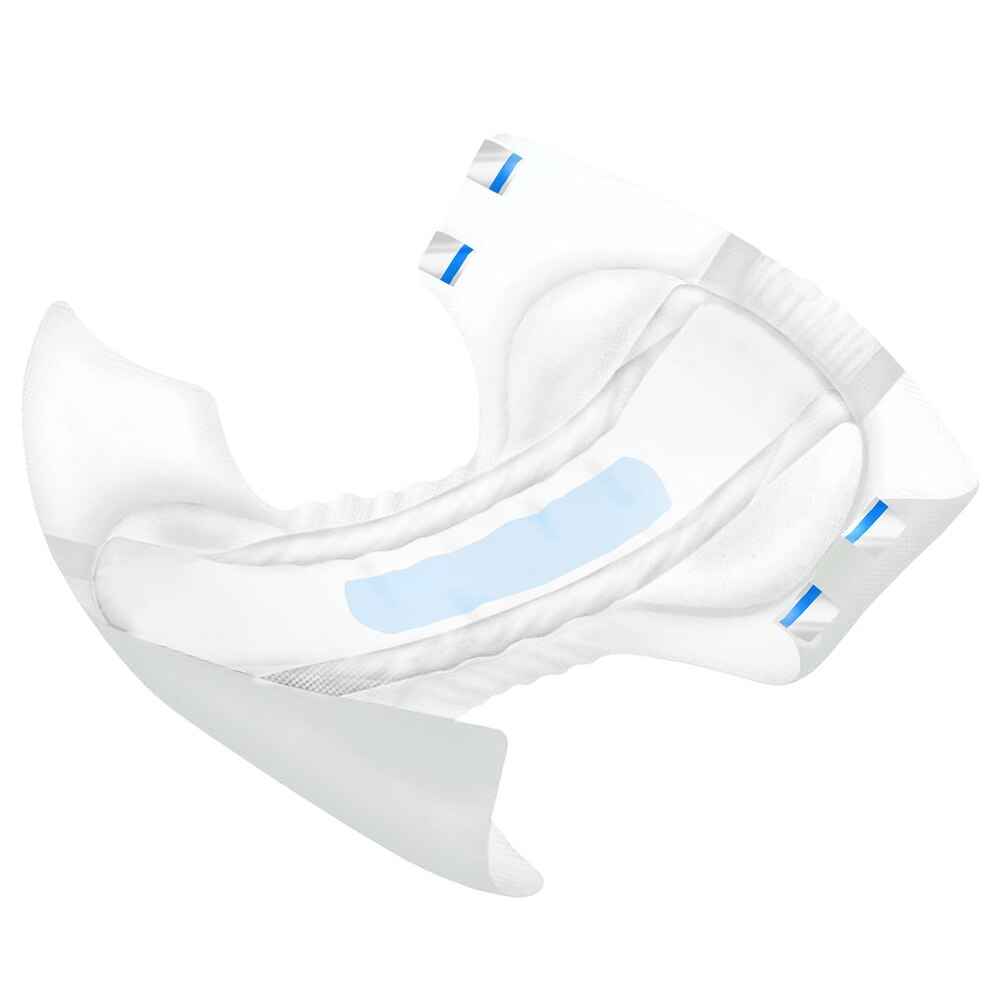 White adult brief with blue fastening tabs and absorbent center pad