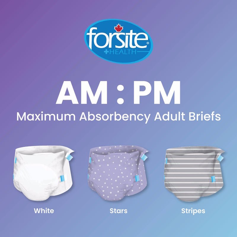 AM:PM adult briefs patterns—white, stars, or stripes—blue tabs