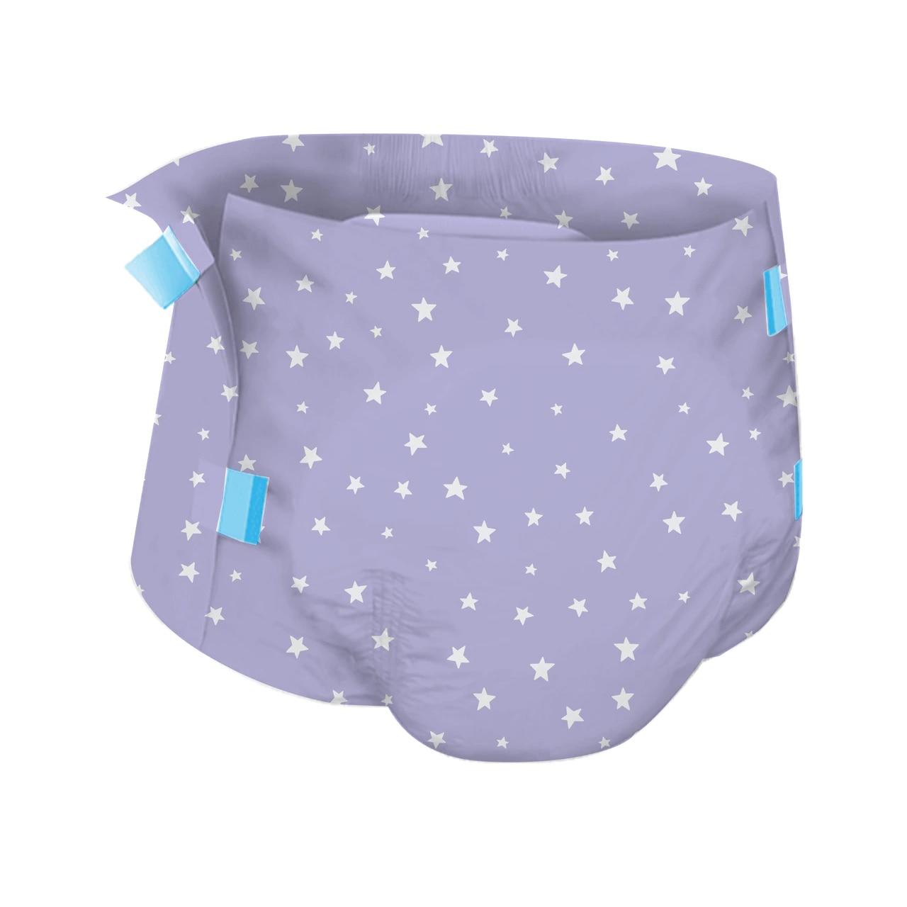 Lavender adult diaper with white stars and blue tabs, AM/PM pattern, plastic backing
