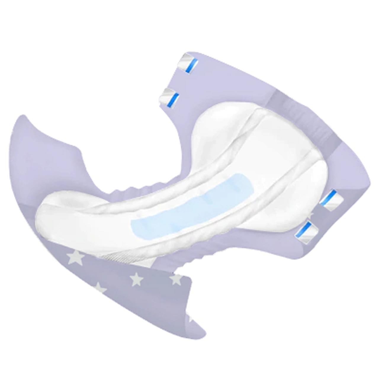 Folded AM/PM stars adult diaper, lavender outer with white inner padding, plastic backing