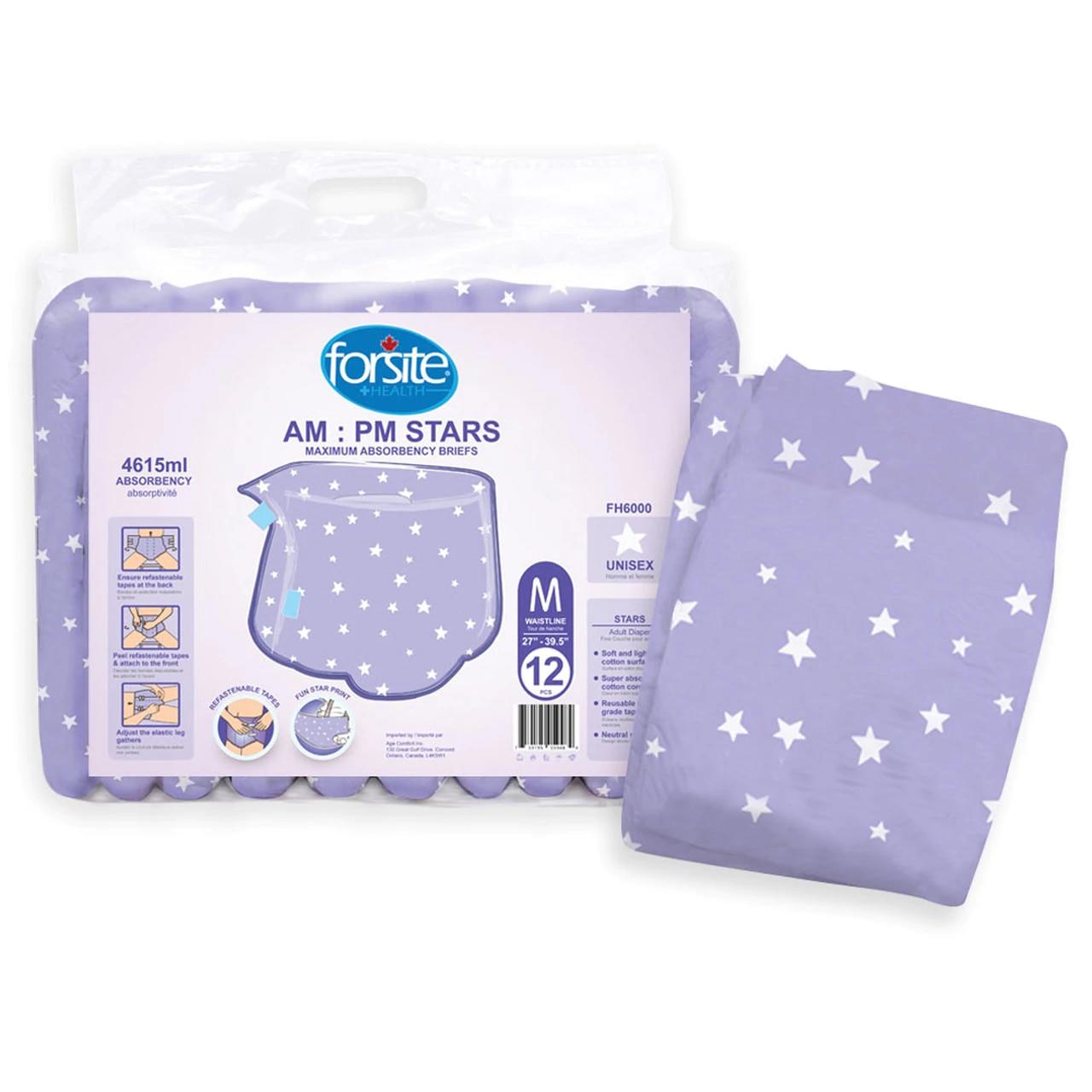 Adult diapers with plastic backing, AM/PM stars, size M (27–39.5 in)