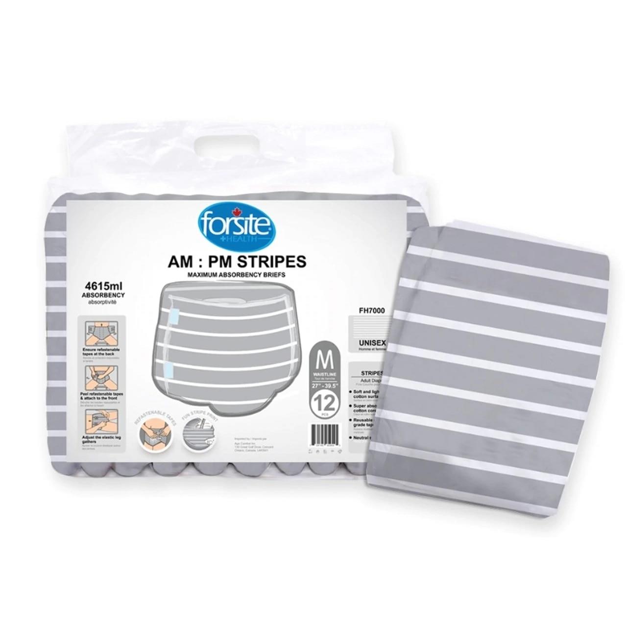AM/PM striped adult diapers, plastic-backed, size M package shown