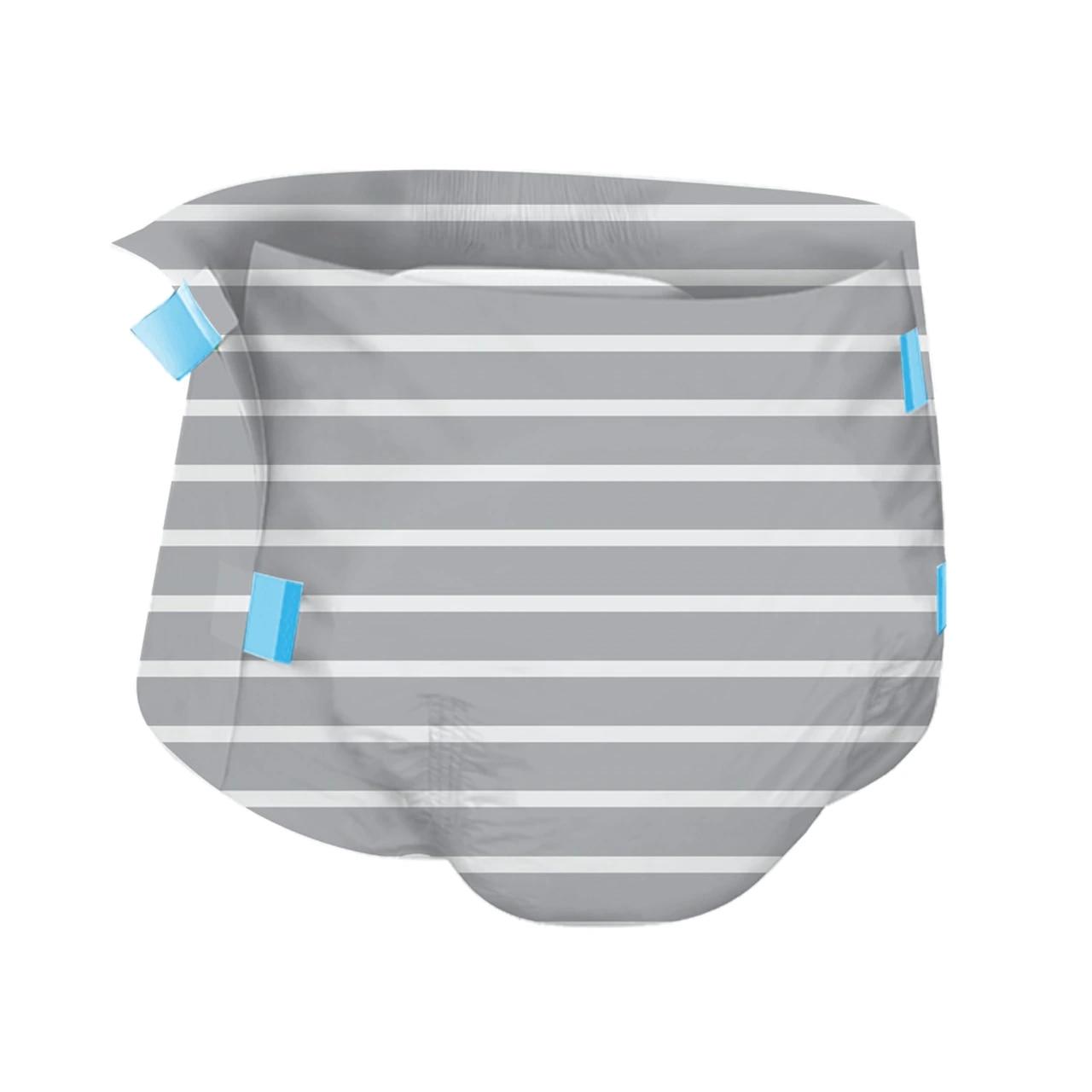 Gray striped adult diaper with blue fastening tabs and protective plastic backing
