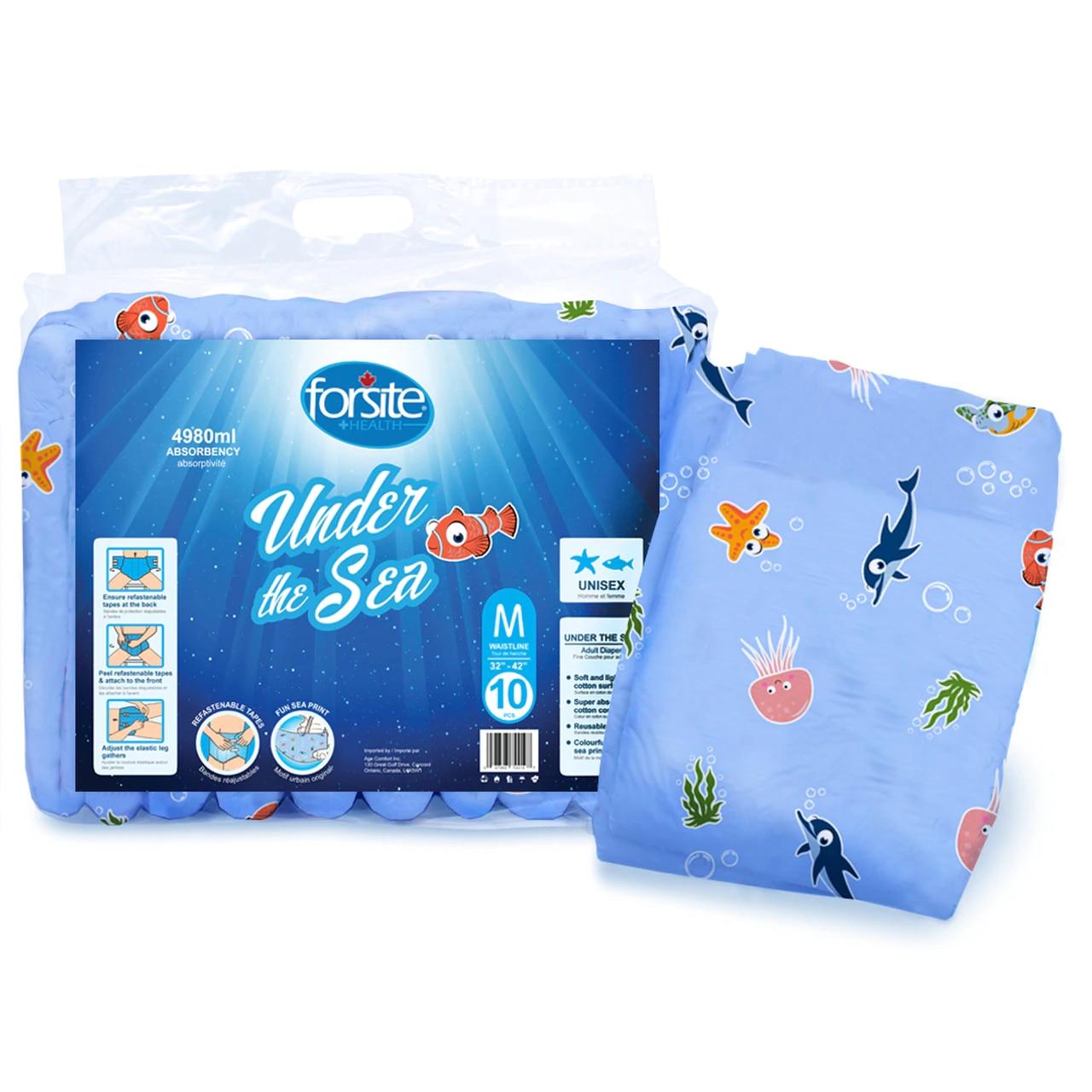 Under the Sea adult diapers, size M (32–42), 10-pack, plastic-backed