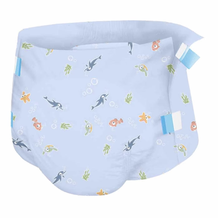 Blue Under the Sea adult diaper with sea animal prints, plastic backing visible tabs