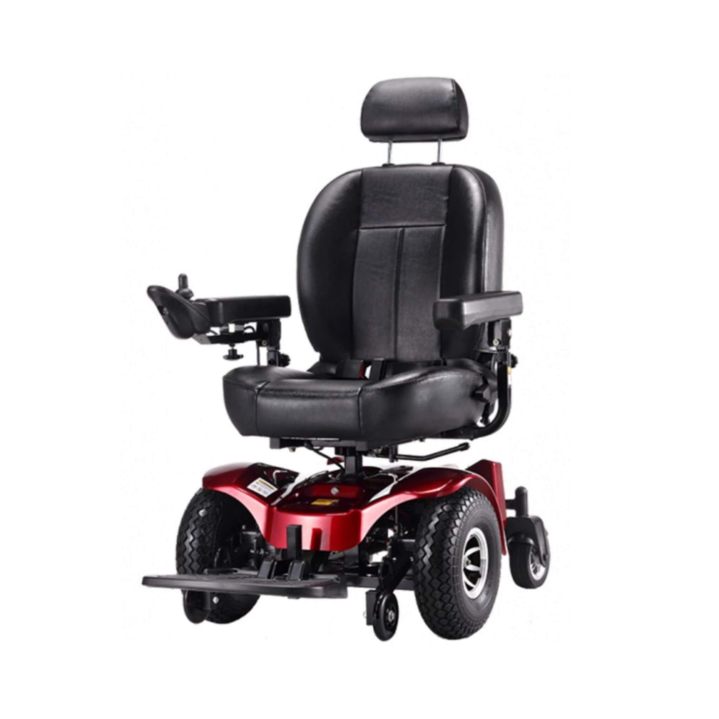 Red and black 2WD all-terrain power wheelchair with padded black seat and backrest