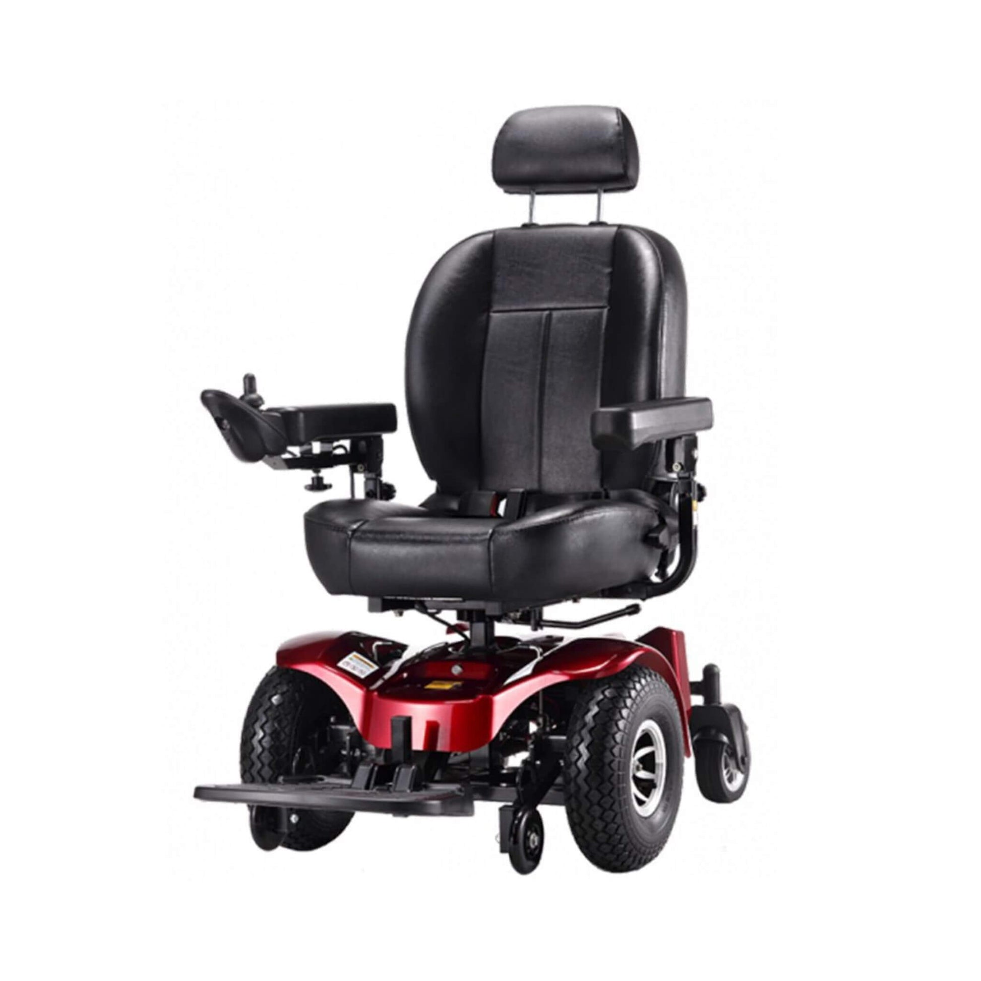 Red and black 2WD all-terrain power wheelchair with padded black seat and backrest
