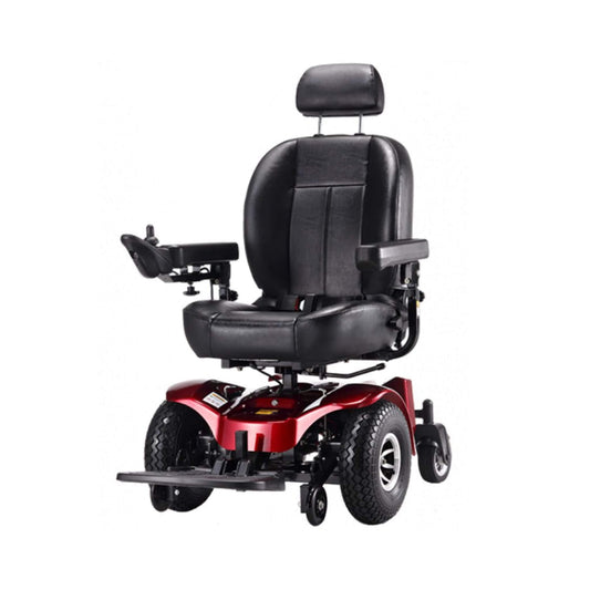 Red and black 2WD all-terrain power wheelchair with padded black seat and backrest