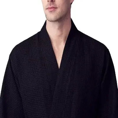 Men's waffle spa bathrobe, black, V-neck with belt tie