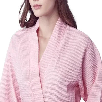 Women’s waffle robe in blush pink, close-up of shawl collar and waffle texture.