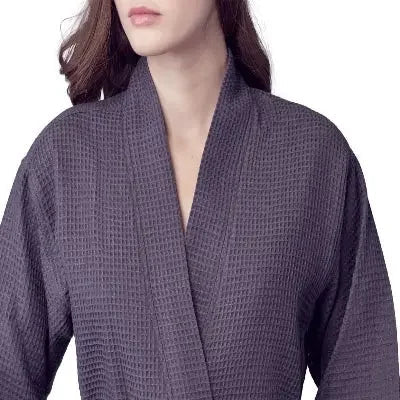 Waffle-texture women’s robe in dark charcoal, V-neck collar, front wrap and belt tie
